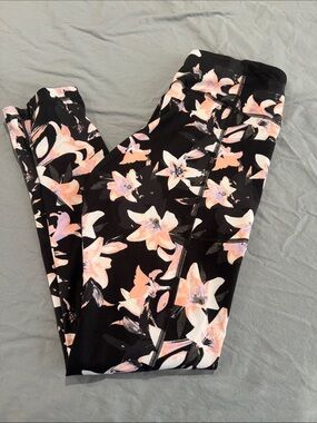 Victoria's Secret Black Floral Track Leggings with Pink Blossoms